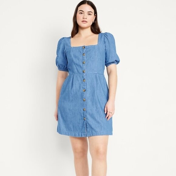 NWT Old Navy Puff-Sleeve Chambray Mini Dress - Picture 1 of 7